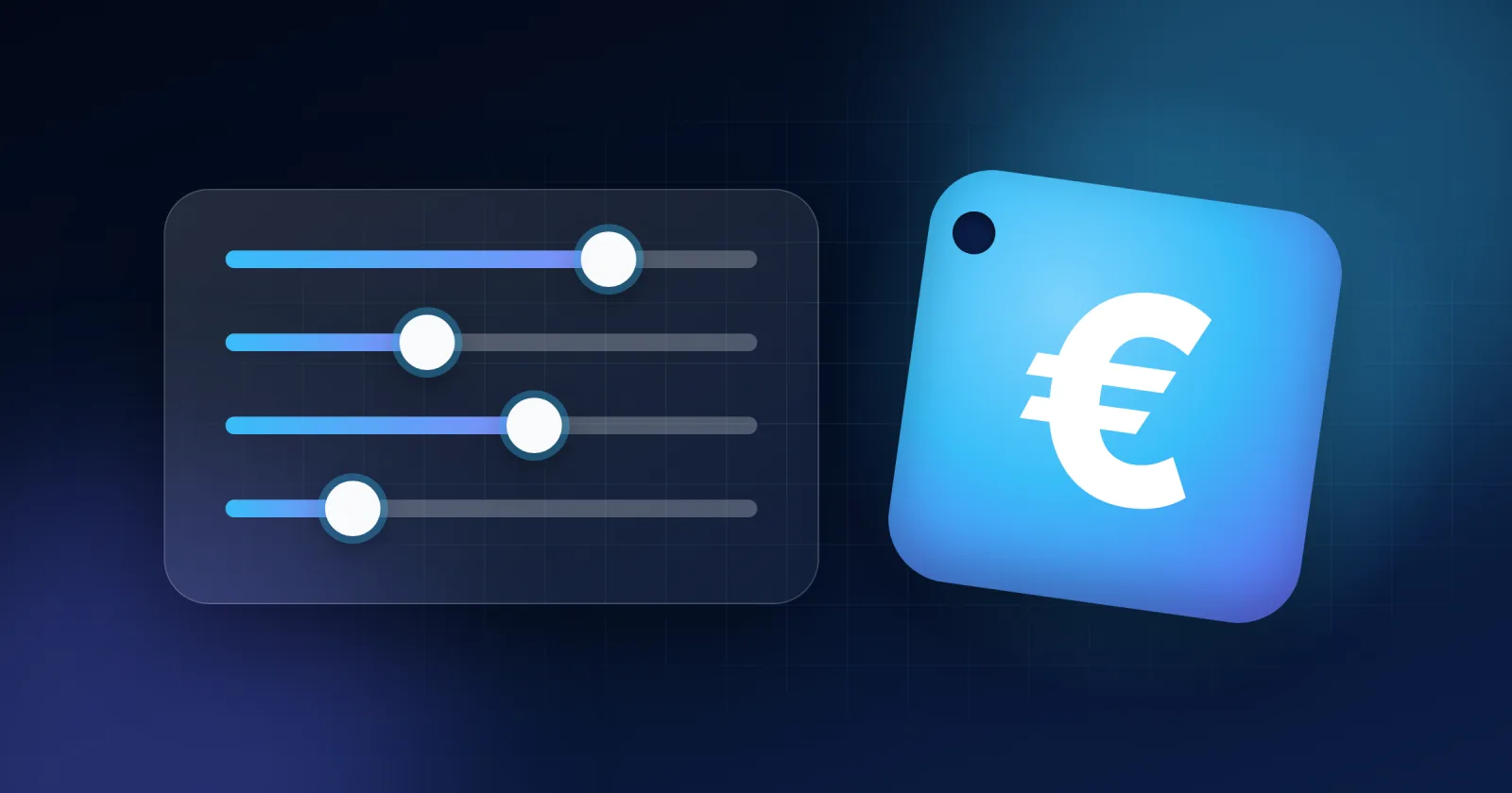 A panel of four sliders next to a glowing euro price tag, showing the things that move the price of a website
