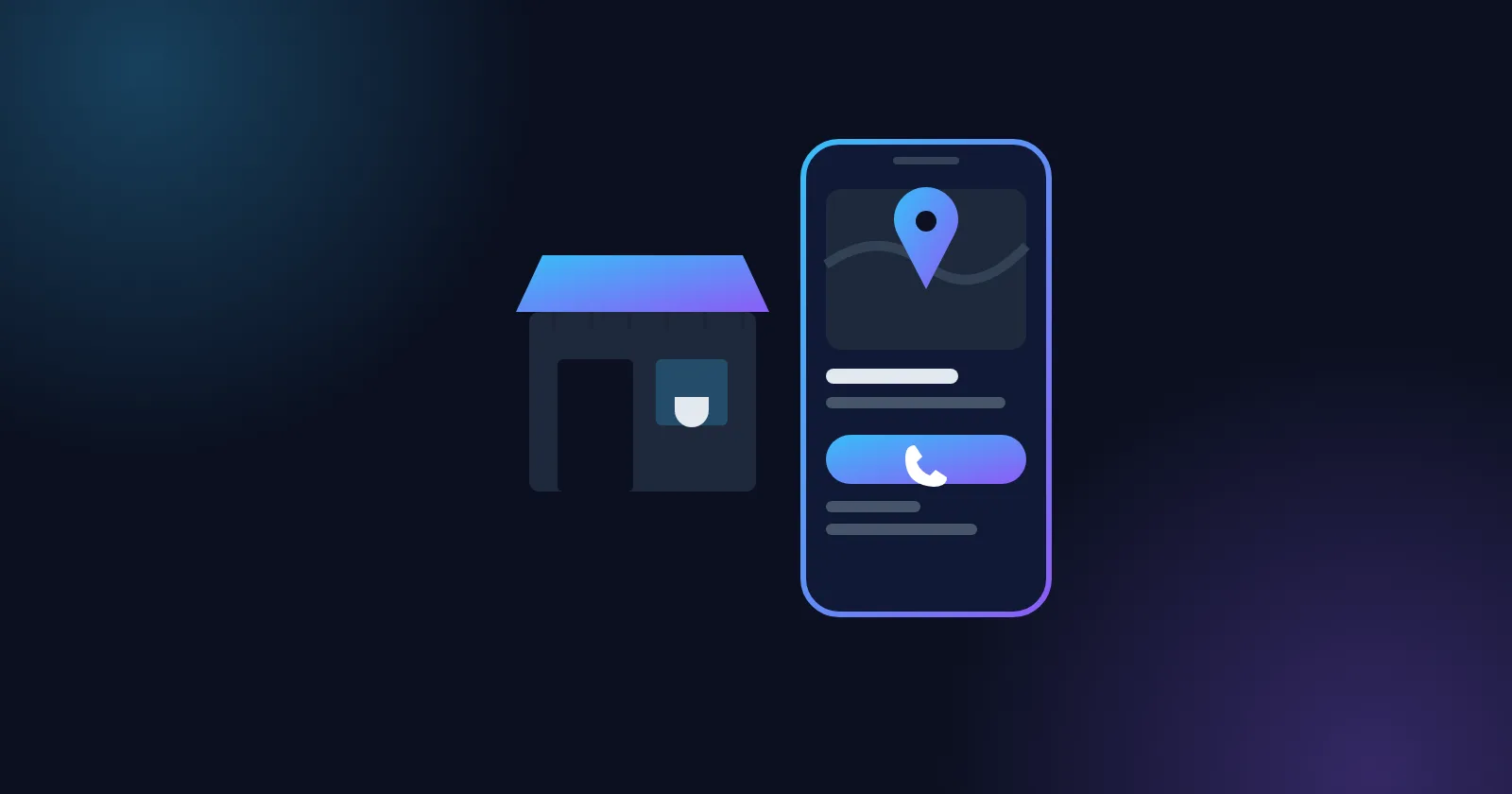 A small shop front next to a phone showing a map pin and a call button