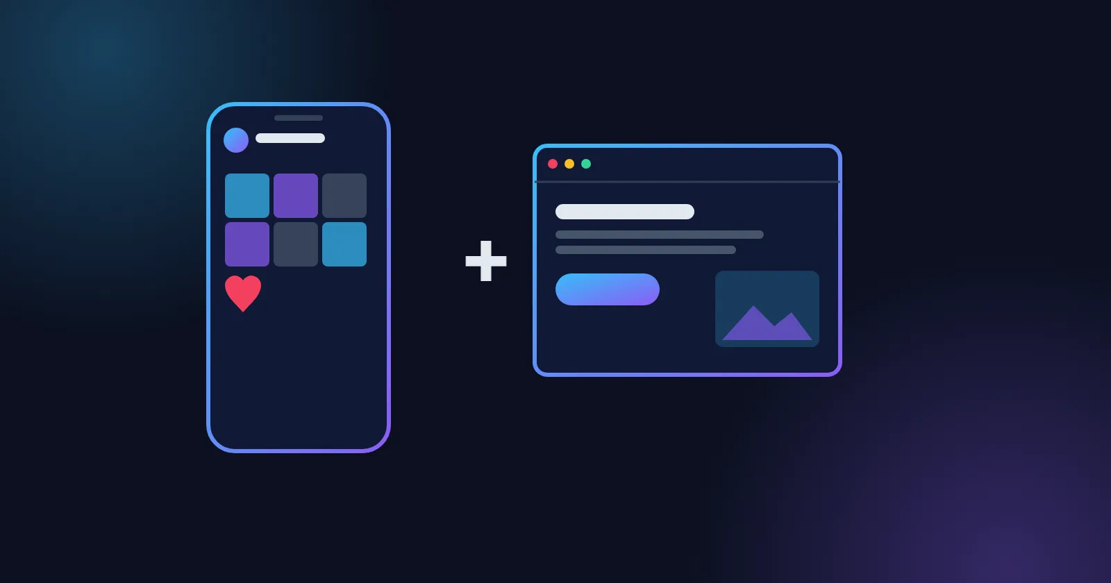 A phone with an Instagram-style photo grid, plus a website in a browser window