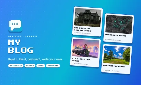 My Blog: un logotipo de bocadillo en pixel art, el título y tarjetas de artículos con imágenes sobre un fondo azul