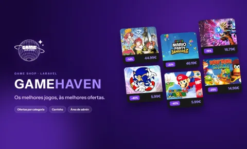 GameHaven: el logotipo del globo, el nombre y seis ofertas de juegos con sus descuentos sobre un fondo morado