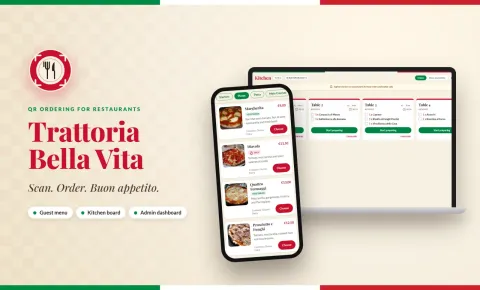 Trattoria Bella Vita: el logotipo, el lema y la carta en el móvil delante del tablero de la cocina