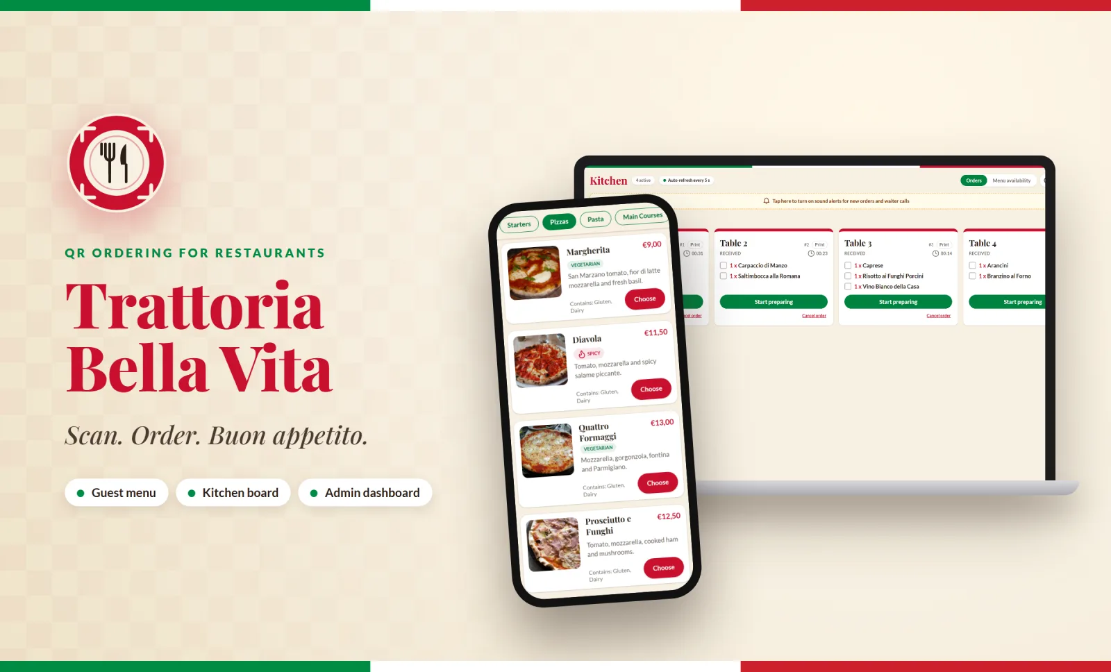 Trattoria Bella Vita: the logo, the tagline and the phone menu in front of the kitchen board